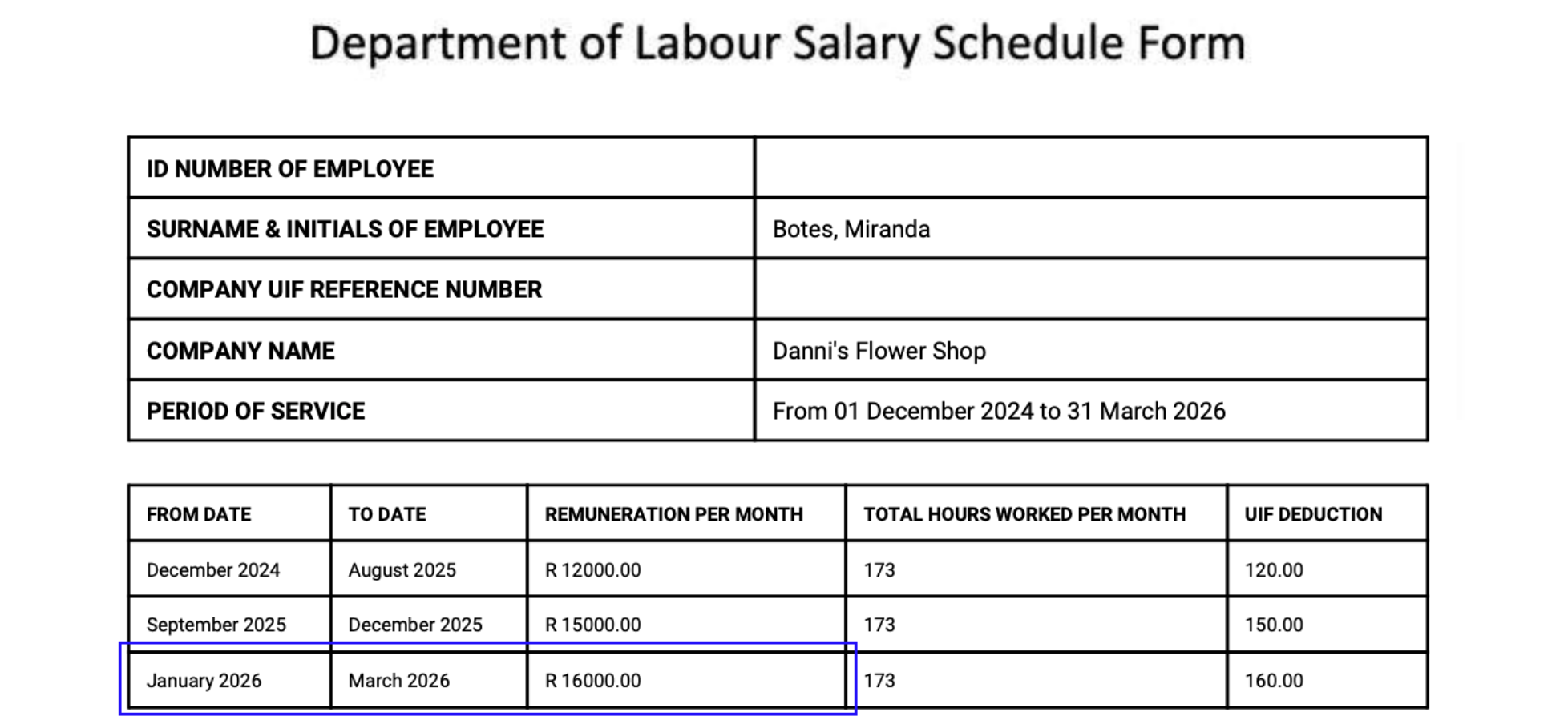 Screenshot showing an example of the salary schedule row display